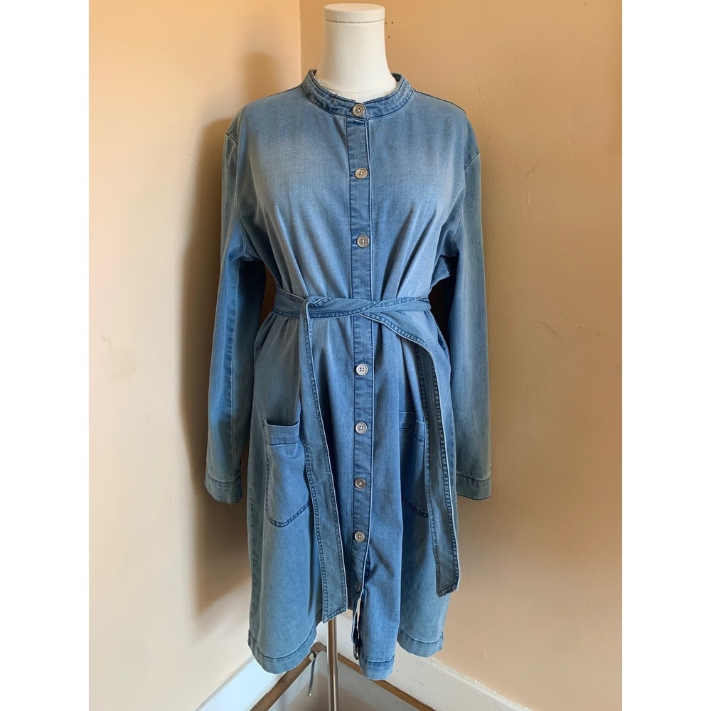 Style & Co Denim Dress XXL Blue Long Sleeve Button Front Belted Cotton Blend